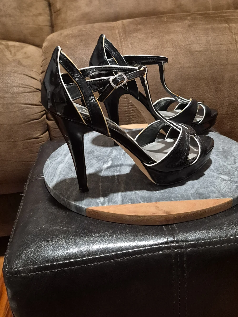 White House Black Market Black T‑Bar Stiletto Sandals with White Trim